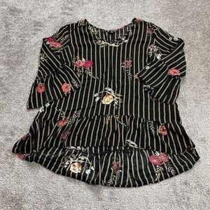 Unique Spectrum Blouse Shirt Womens Plus 1X Black Yellow Striped Floral Flare